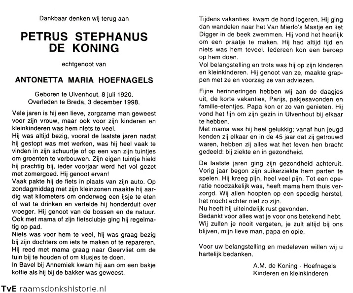 Petrus Stephanus de Koning- Antonetta Maria Hoefnagels